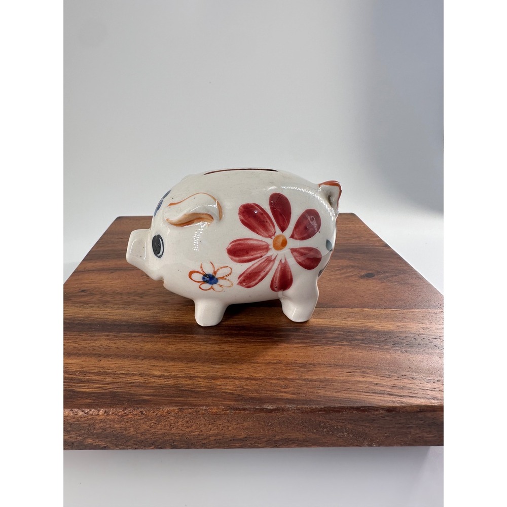 Vintage Japan Ceramic Piggy Bank Hand Painted Floral Flower White Mid Century